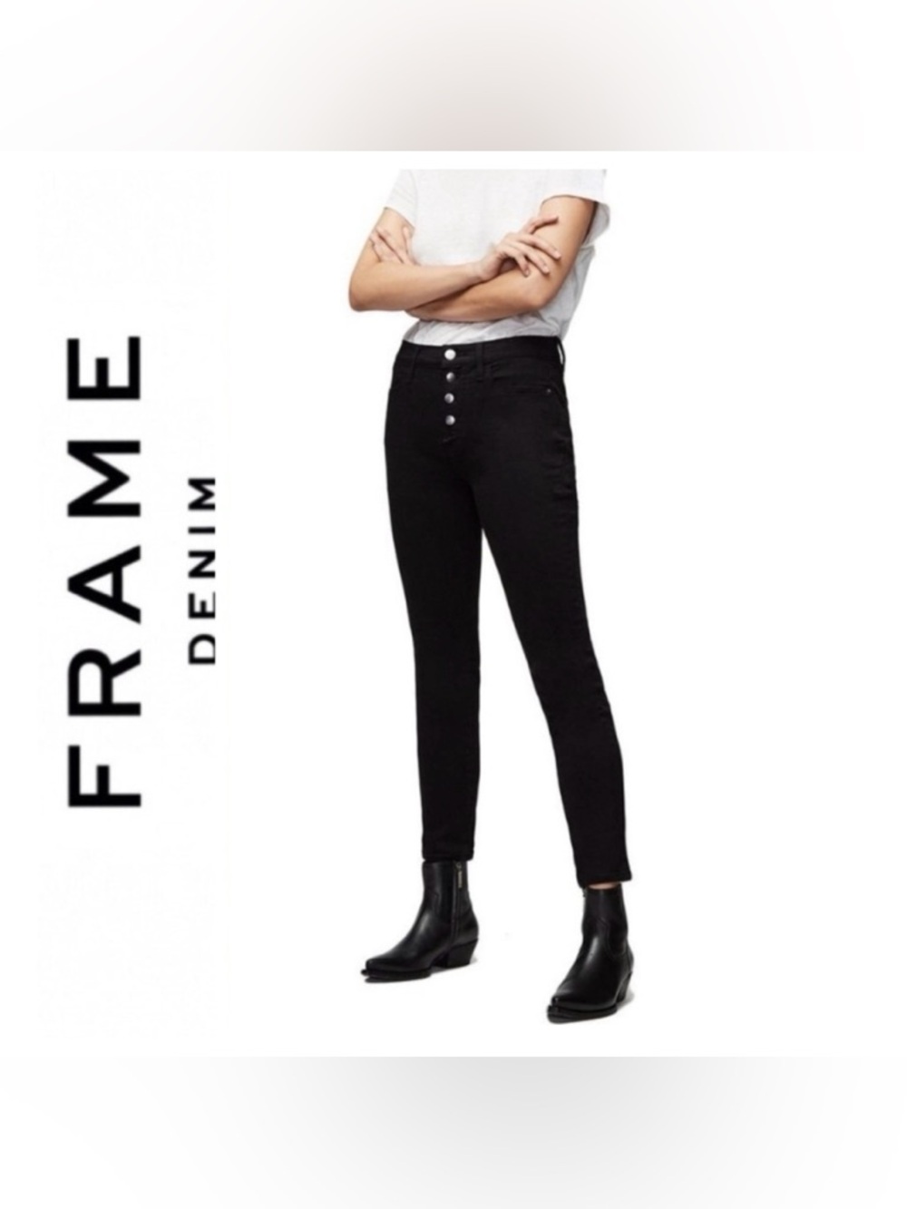 💙Frame Denim Black Le-High-Rise Skinny Exposed Button-Fly Skinny Jeans Size 28
